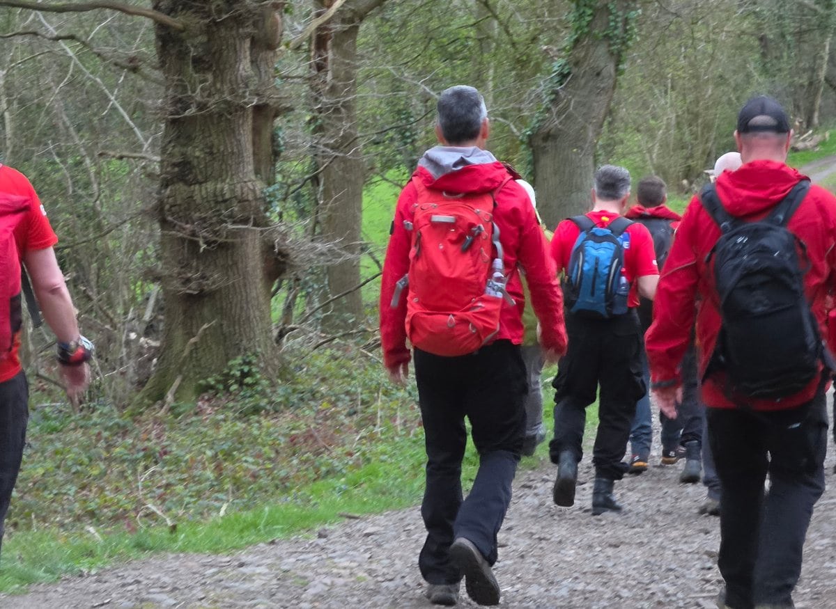 A West Mercia Search and Rescue team walking a woodland search route